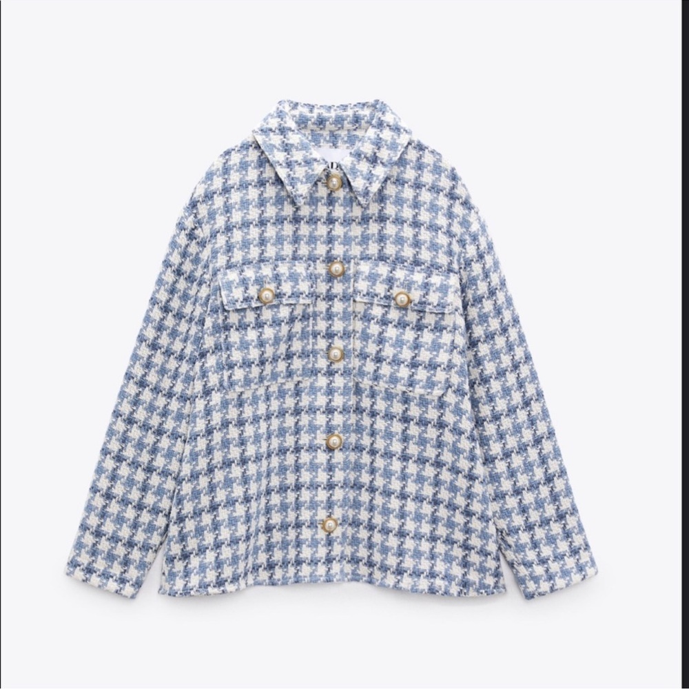 Zara Blue and White Houndstooth Jacket